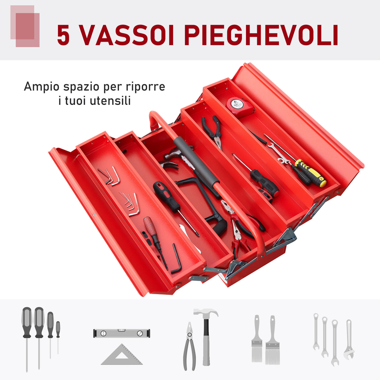 easycomfort cassetta porta attrezzi in acciaio pieghevole con 5 vassoi valigetta porta attrezzi 56x20x21 34cm rosso