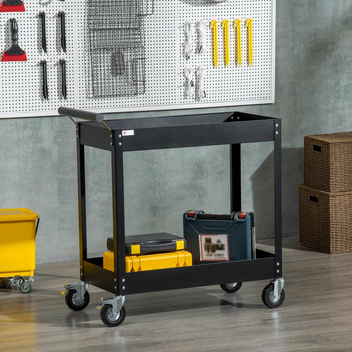 easycomfort carrello porta attrezzi a 2 ripiani in acciaio 84.5x38x84cm nero