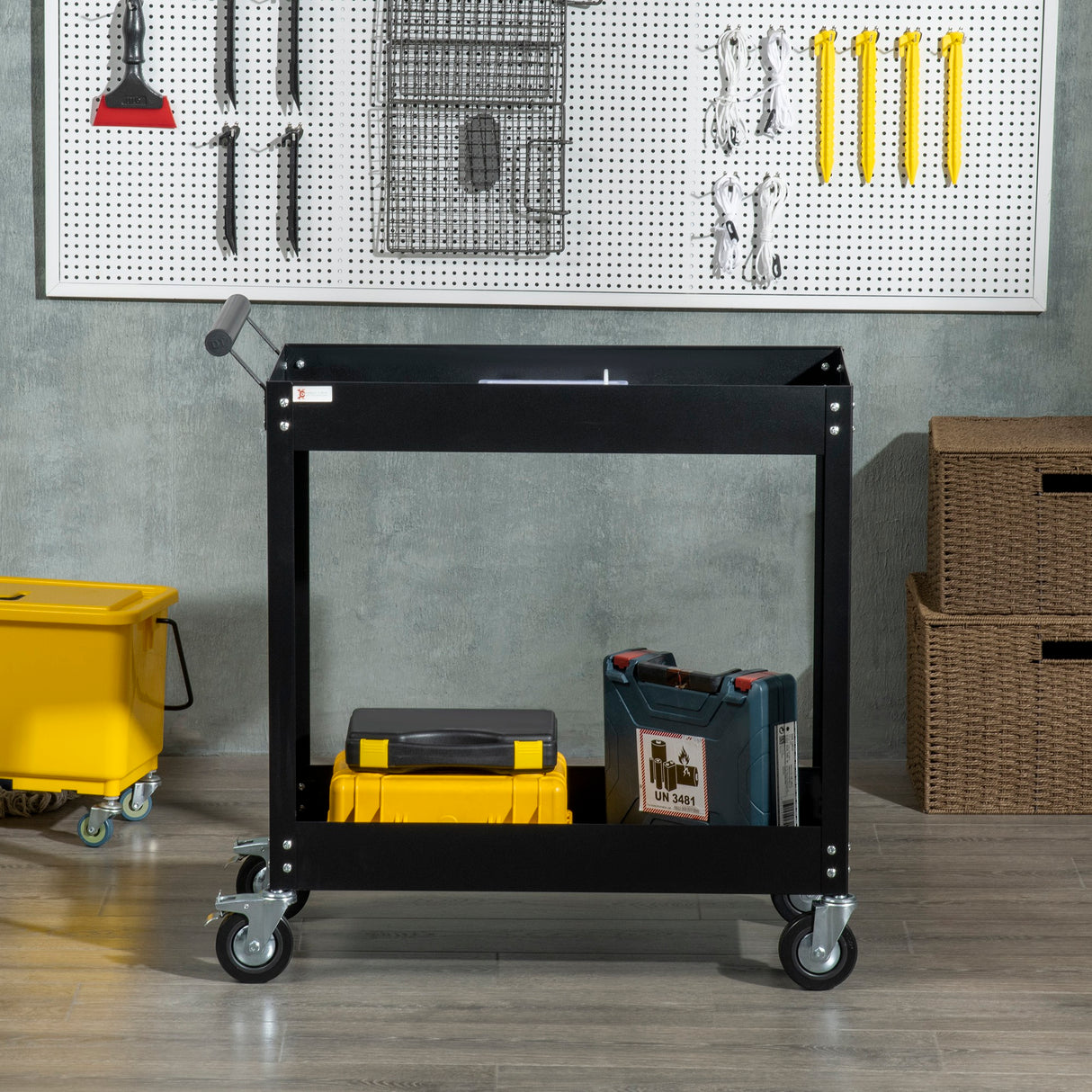 easycomfort carrello porta attrezzi a 2 ripiani in acciaio 84.5x38x84cm nero