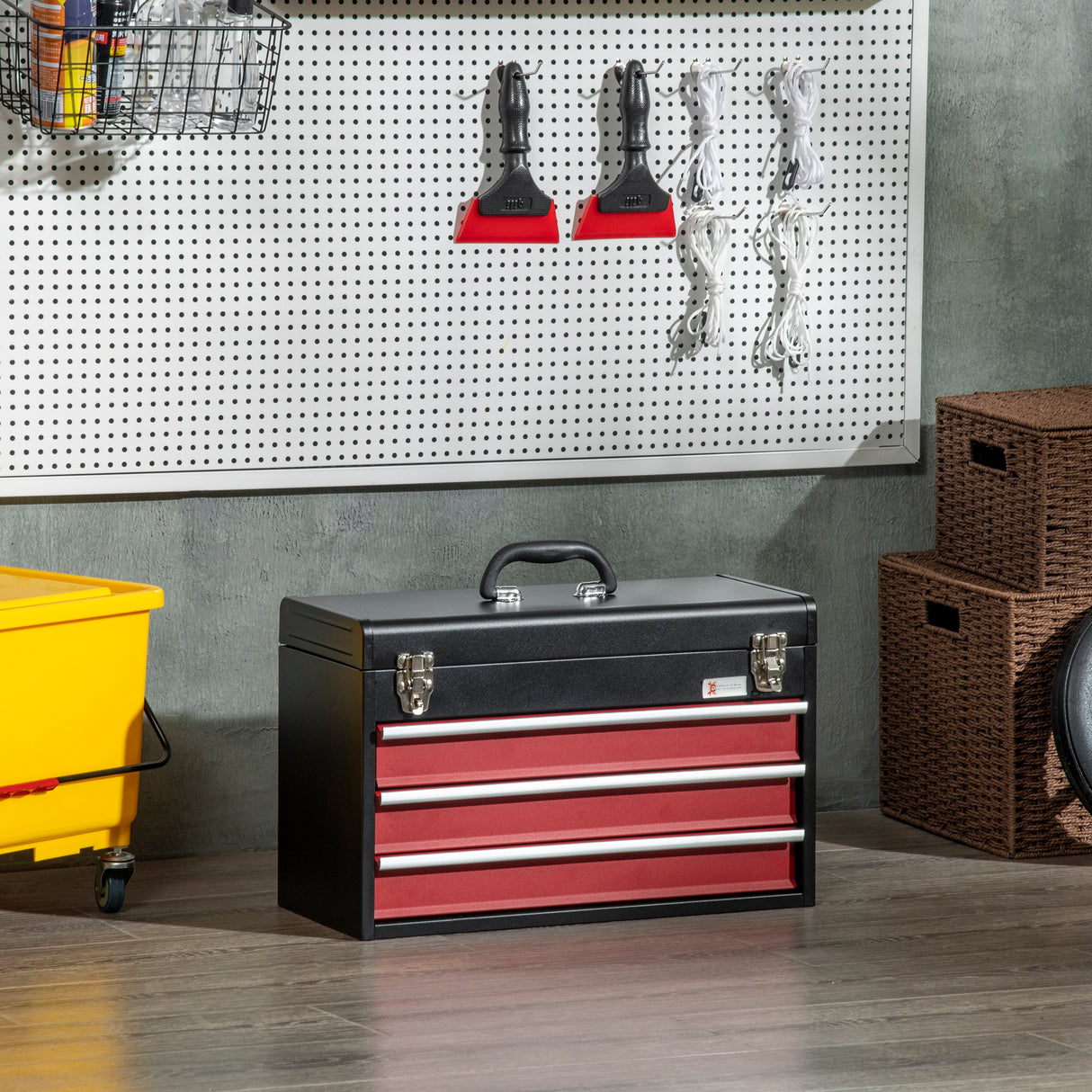 easycomfort cassetta porta attrezzi in acciaio con 3 cassetti e vassoio superiore 51x22x32 cm rosso e nero