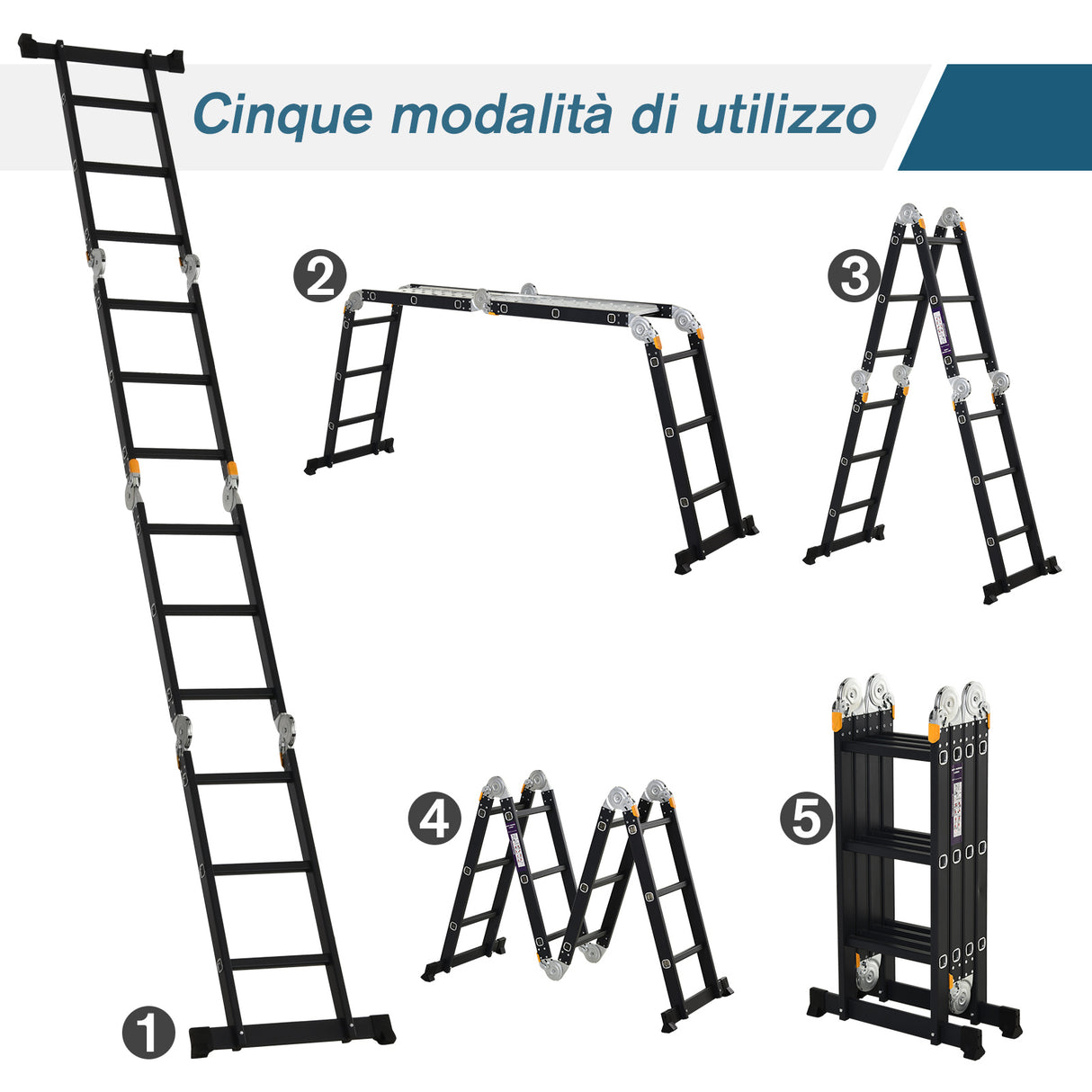 easycomfort scala in alluminio 5 in 1 nera per interni ed esterni carico massimo 150kg 370x61x11 cm