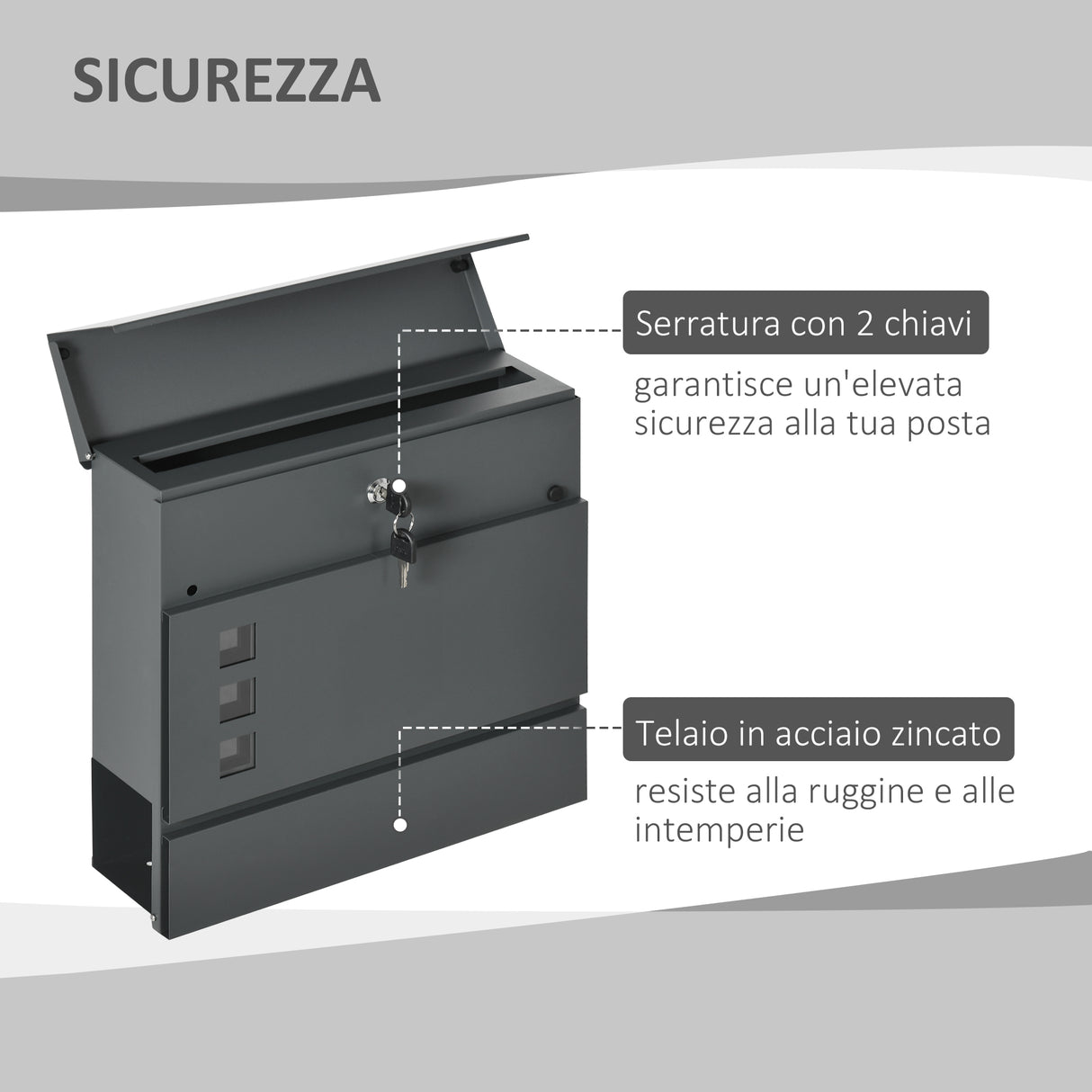 easycomfort cassetta postale in acciaio zincato con 3 fessure e 2 chiavi di sicurezza 37x10.5x37 cm grigio