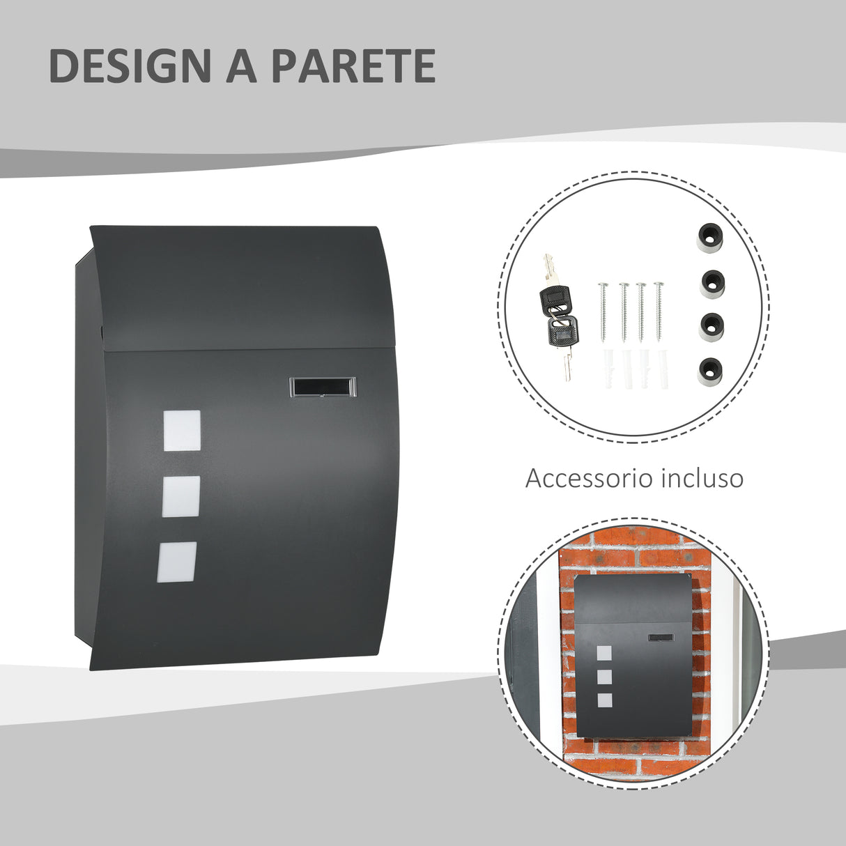 easycomfort cassetta postale ricurva in acciaio con 3 fessure e 2 chiavi di sicurezza 45x10x32 cm grigio
