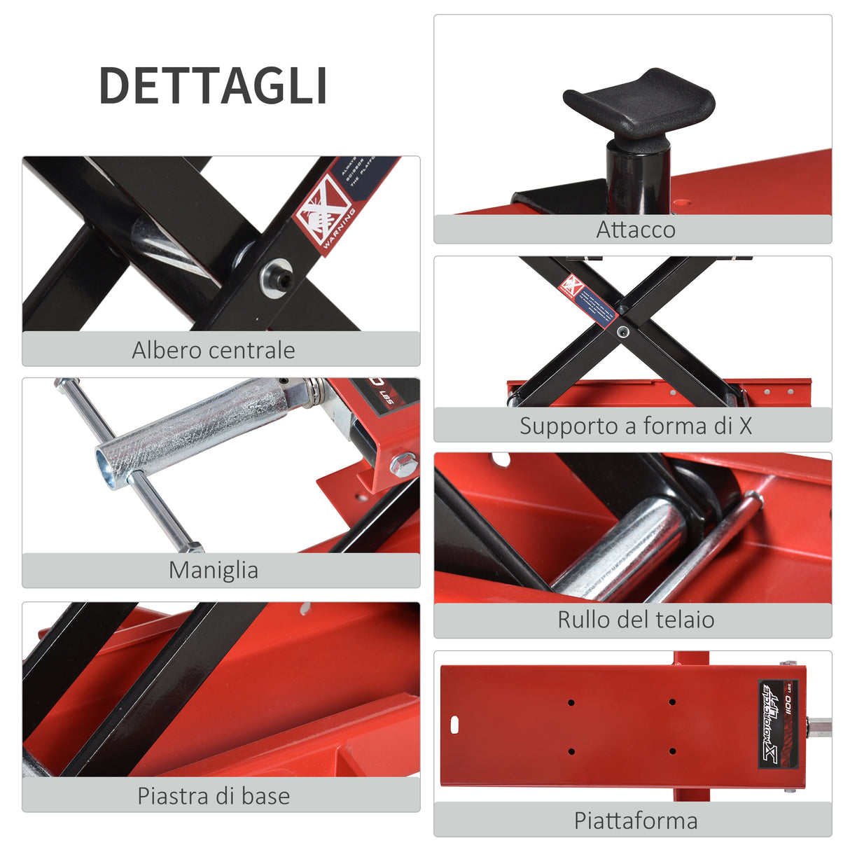 easycomfort cavalletto alzamoto a forbice centrale regolabile fino 500kg in metallo rosso