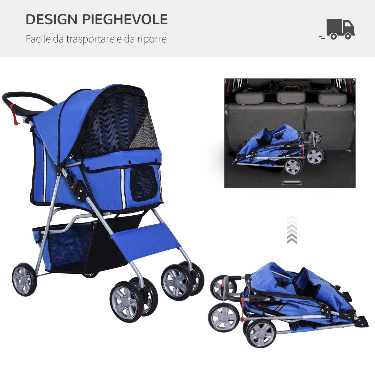easycomfort easycomfort passeggino per cani pieghevole in tessuto con cestino e portabicchieri 75x45x97 cm blu