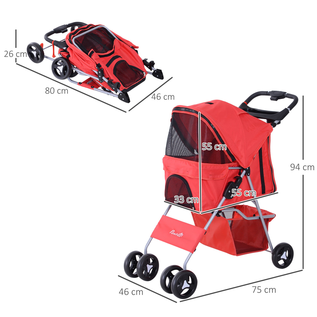 easycomfort easycomfort passeggino per animali domestici pieghevole rosso 75 x 46 x 94 cm