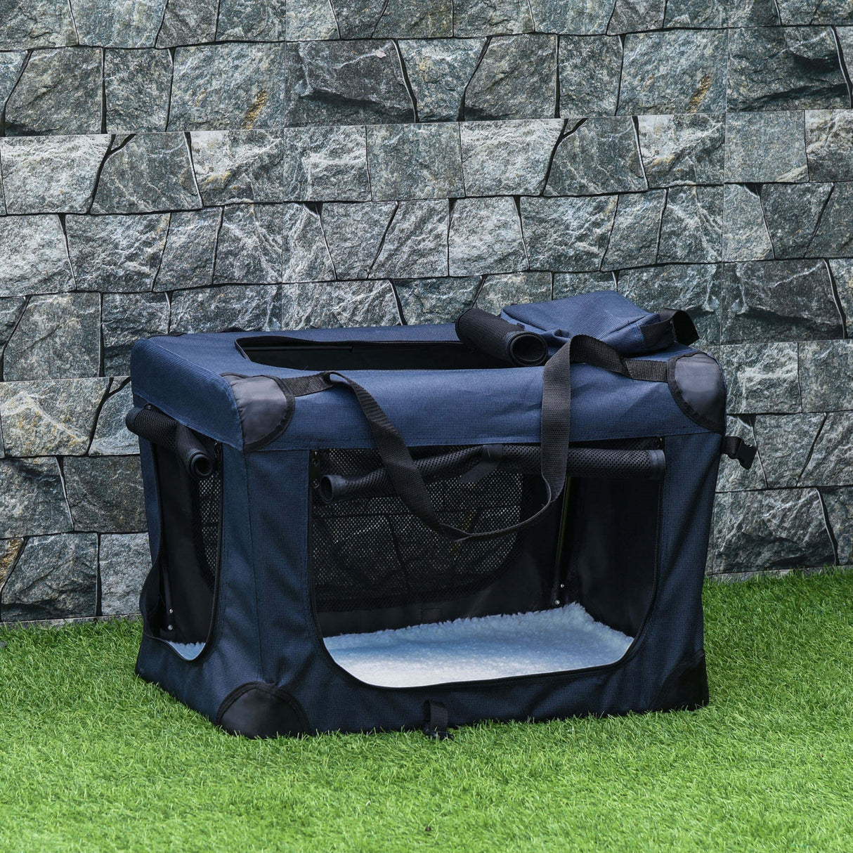 easycomfort borsa per cani a 3 ingressi con cuscino e sacche portaoggetti in tessuto oxford blu e metallo 70x51x50 cm
