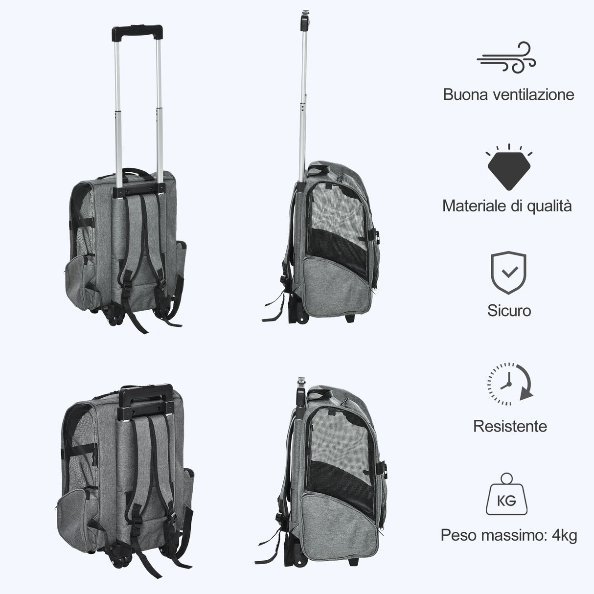 easycomfort trasportino zaino per cani e gatti con tasche laterali maniglia telescopica e ruote 42x25x55cm grigio