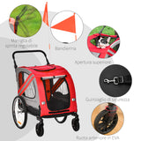 easycomfort rimorchio cani con ingresso a cerniera ruote e bandiera in acciaio e tessuto oxford rosso argento nero
