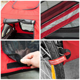 easycomfort rimorchio cani con ingresso a cerniera ruote e bandiera in acciaio e tessuto oxford rosso argento nero