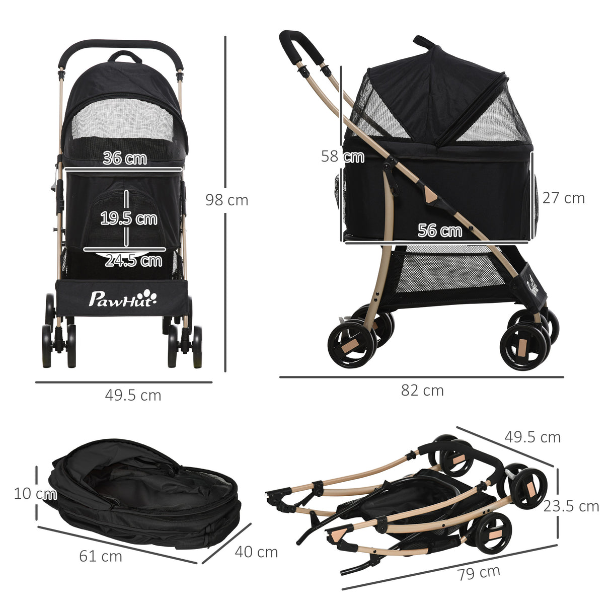 easycomfort passeggino per cani pieghevole con trasportino rimovibile e tettuccio 82x49.5x98cm nero