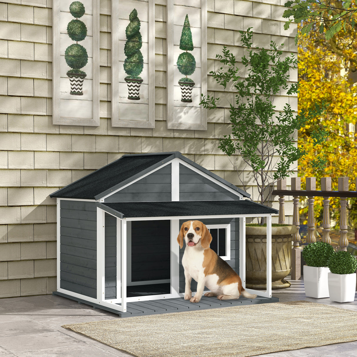 easycomfort easycomfort cuccia per cani da esterno con terrazza finestra e tetto impermeabile 124x112x105cm grigio