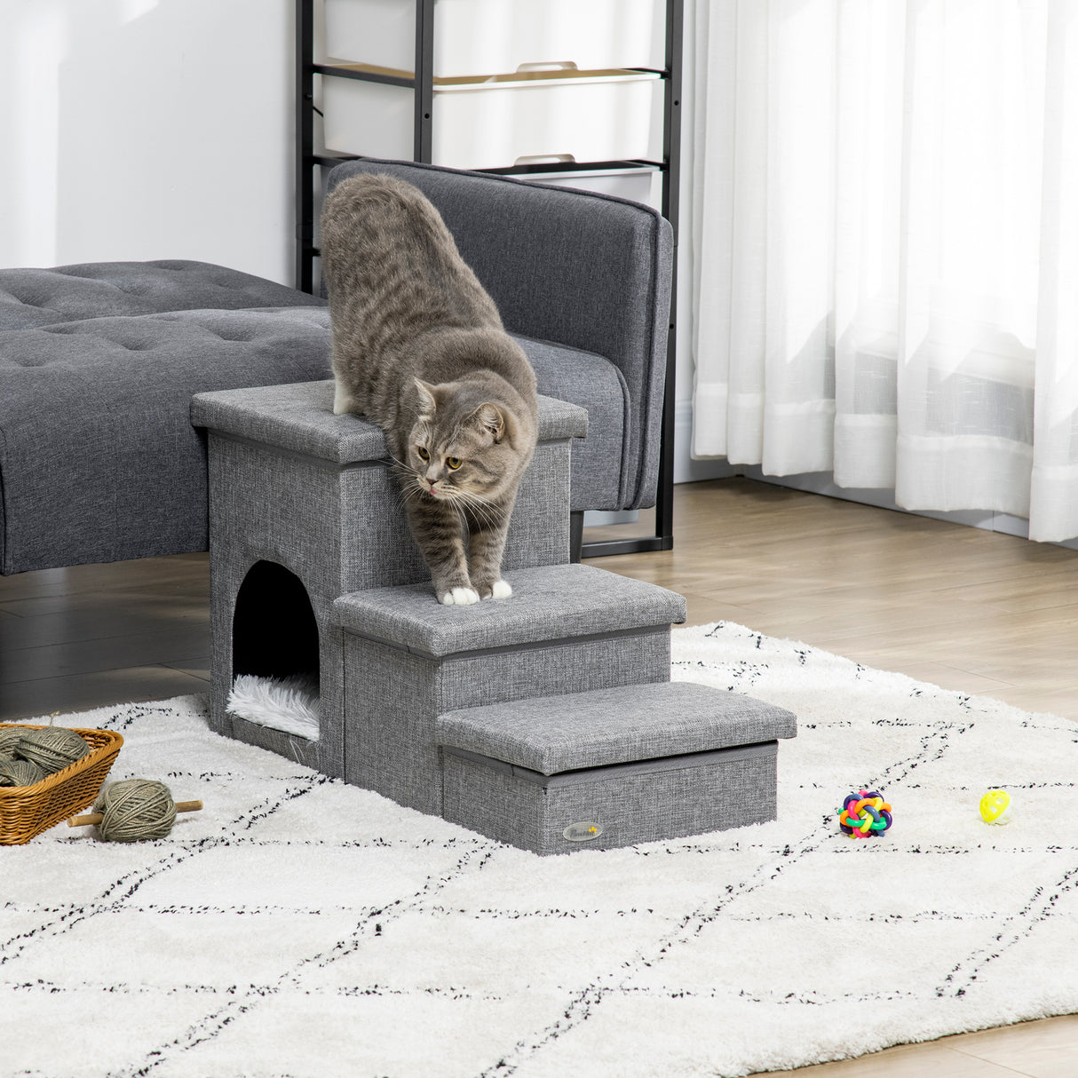 easycomfort scaletta per cani e gatti 10kg max a 3 gradini con casetta per cani e spazio portaoggetti 73.5x33x40.5 cm grigio