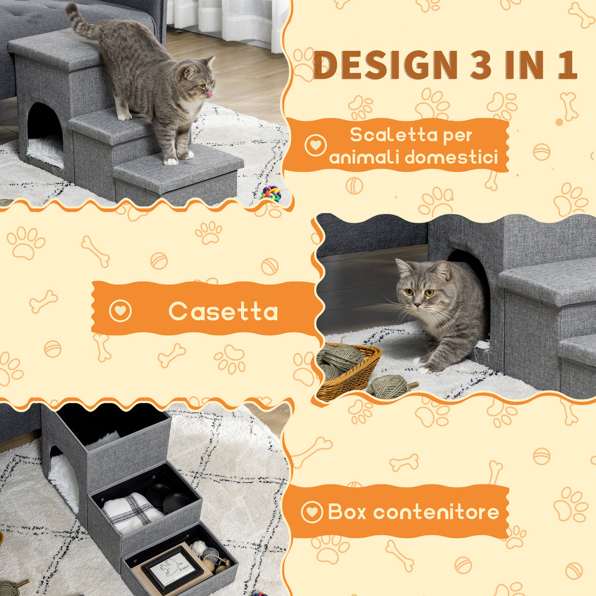 easycomfort scaletta per cani e gatti 10kg max a 3 gradini con casetta per cani e spazio portaoggetti 73.5x33x40.5 cm grigio