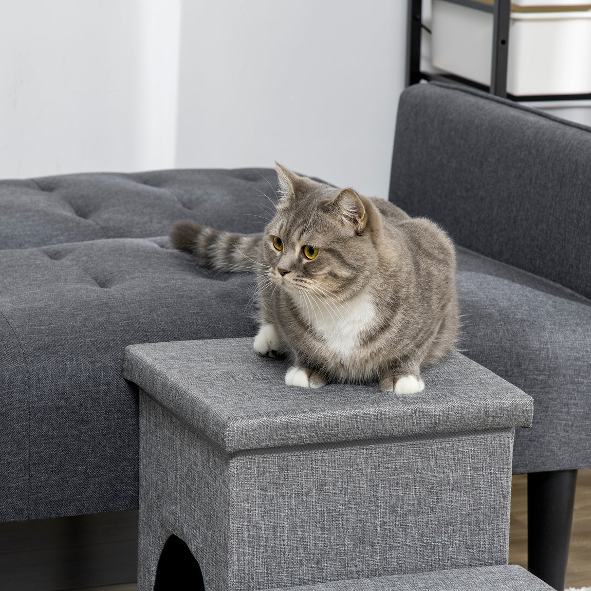 easycomfort scaletta per cani e gatti 10kg max a 3 gradini con casetta per cani e spazio portaoggetti 73.5x33x40.5 cm grigio