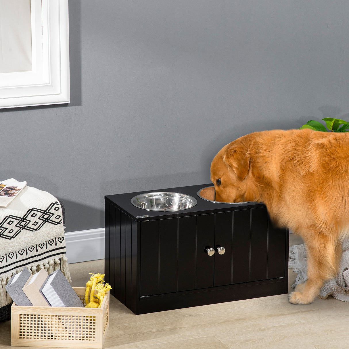 easycomfort ciotola per cani rialzata con vano contenitore 2 ciotole in acciaio inox rimovibili 60x30x35.5cm nero