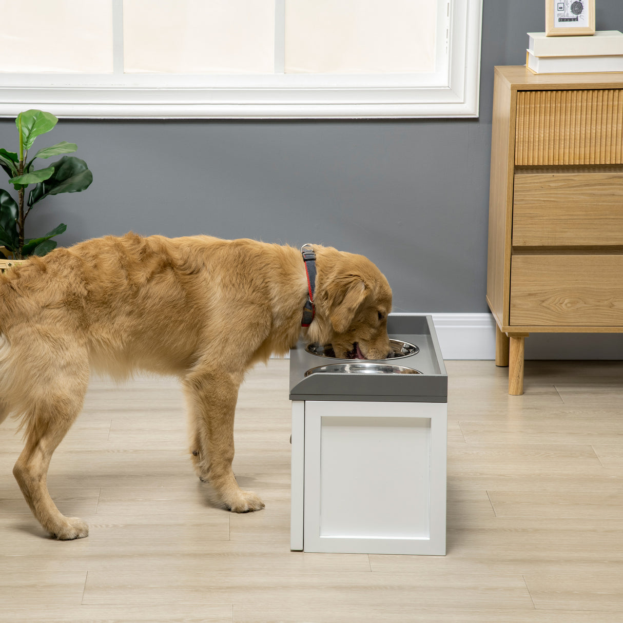 easycomfort ciotole per cani rialzate in acciaio inox e legno con cassetto 60x30x36cm bianco e grigio
