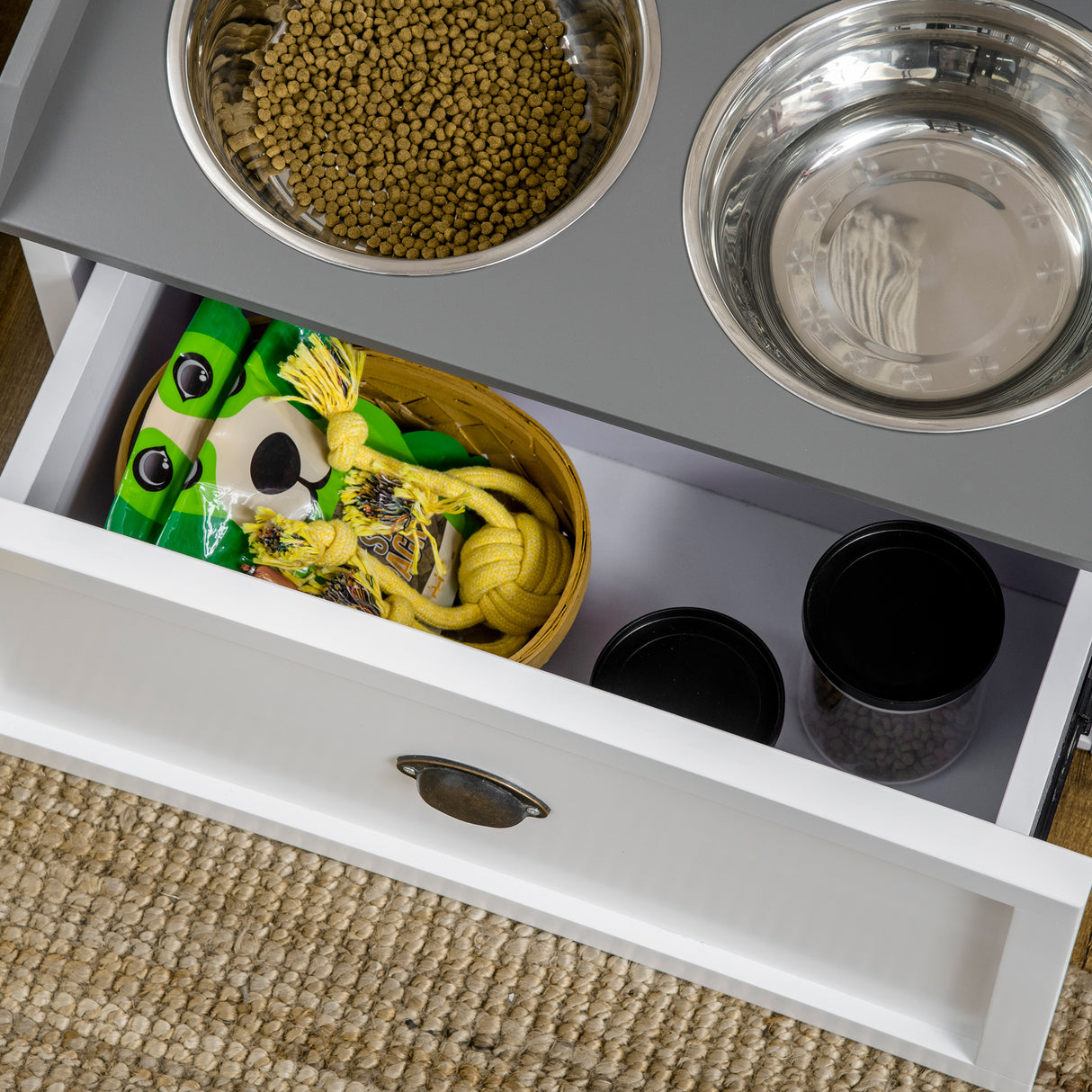 easycomfort ciotole per cani rialzate in acciaio inox e legno con cassetto 60x30x36cm bianco e grigio