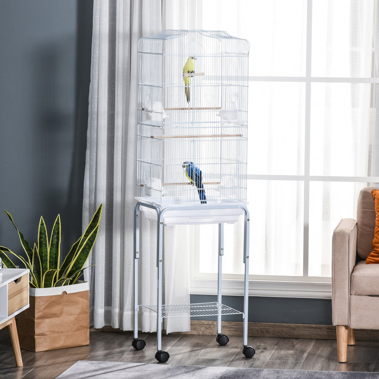easycomfort easycomfort gabbia per uccelli voliera in metallo e acciaio con ruote trespoli e ciotole 46 5x36x157cm bianco