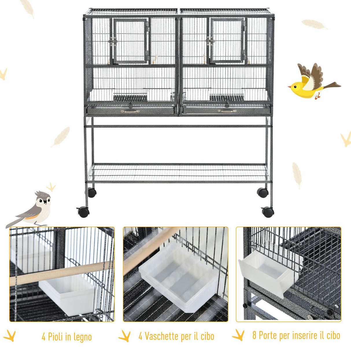 easycomfort doppia gabbia per uccelli in metallo con vassoi estraibili supporto con 4 ruote e ripiano 95x45.5x102cm grigio