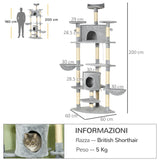 easycomfort easycomfort albero tiragraffi per gatti alto con casette e amache 60x60x200cm grigio chiaro