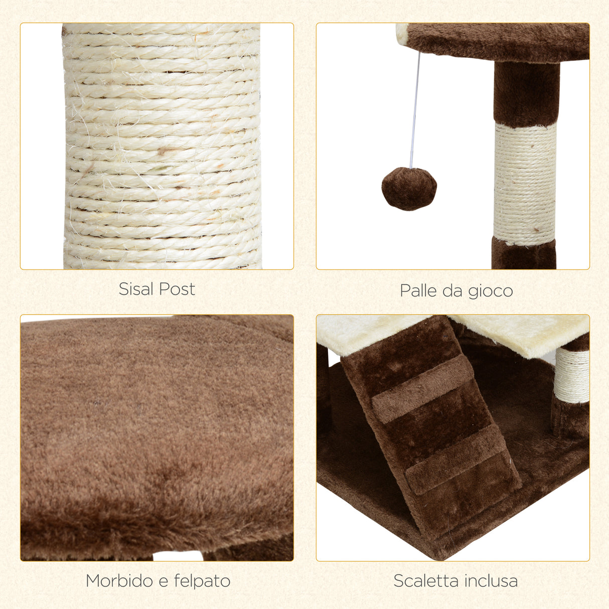 easycomfort easycomfort albero per gatti in peluche e sisal con cucce e pallina caffe e crema 50x50x132cm