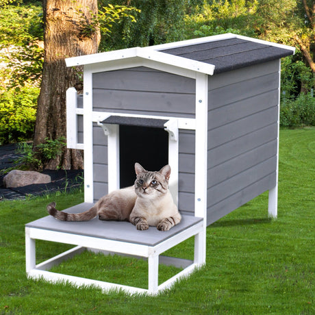 easycomfort easycomfort cuccia da esterno rialzata con balconcino e tetto impermeabile in legno grigio 83x66.5x74.7cm
