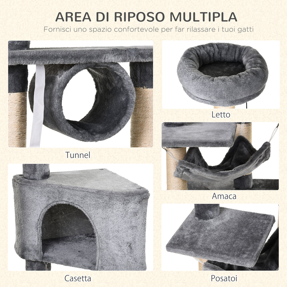 easycomfort easycomfort tiragraffi a colonna per gatti con cuccia amaca lettini sospesi e pali in corda sisal grigio 60x40x154cm