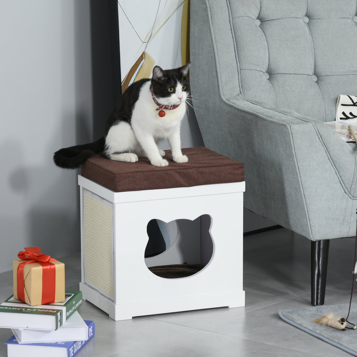 easycomfort easycomfort cuccia per gatti in legno con 2 cuscini e tiragraffi rimovibili bianco