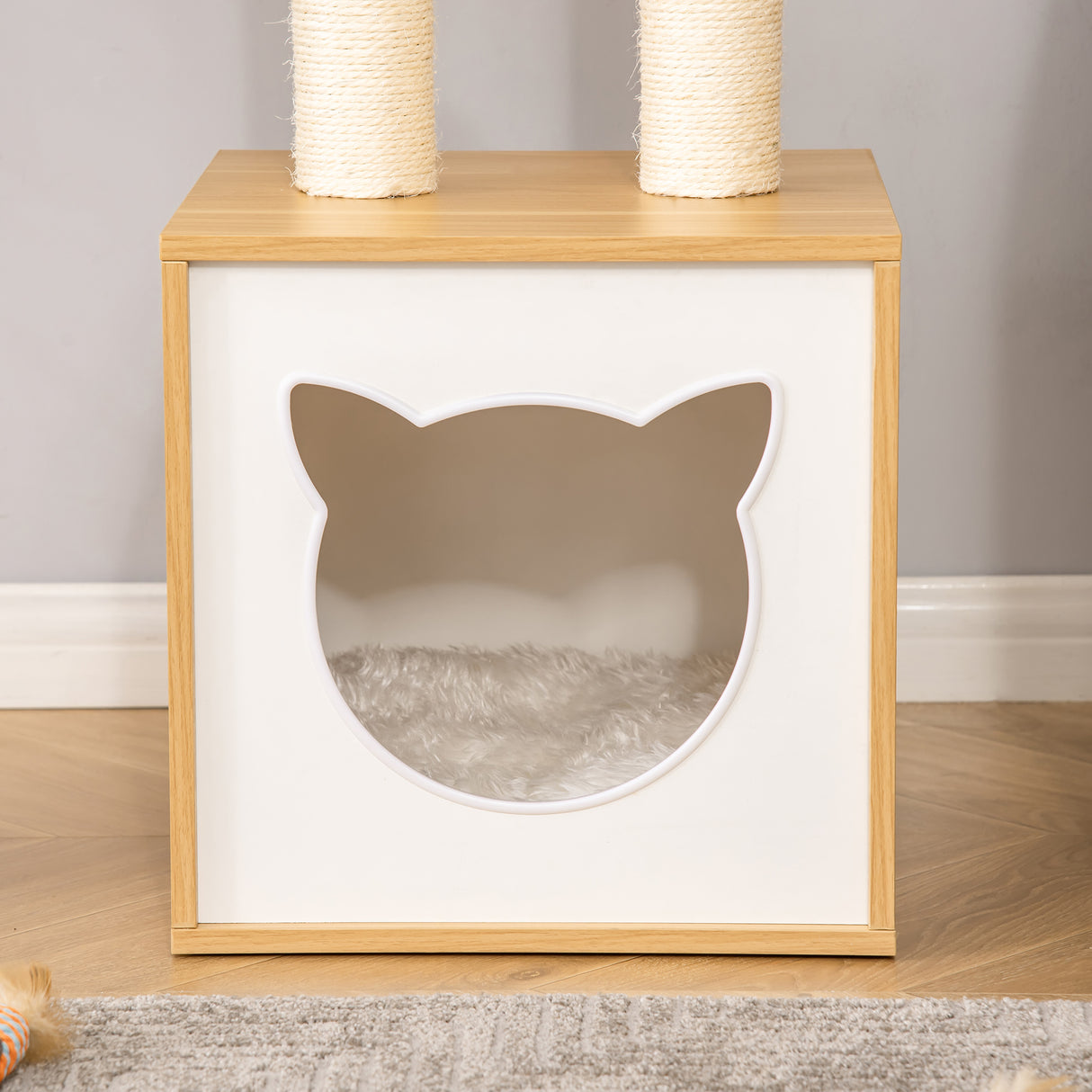easycomfort easycomfort casetta per gatti con pali tiragraffi in sisal cuscini lavabili e pallina 35x35x81cm quercia