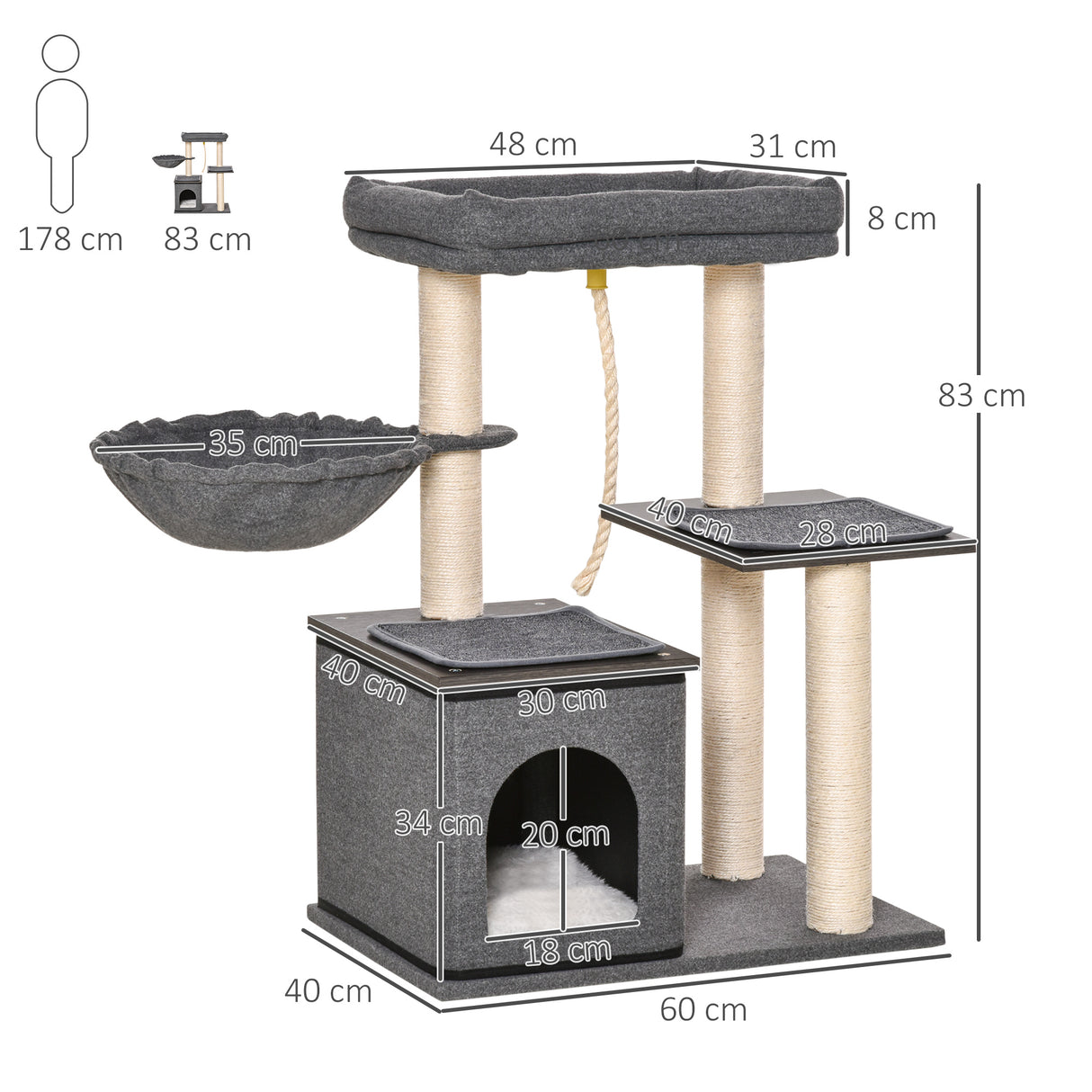 easycomfort easycomfort albero tiragraffi per gatti con lettino amaca casetta e pali in sisal 60x40x83cm grigio