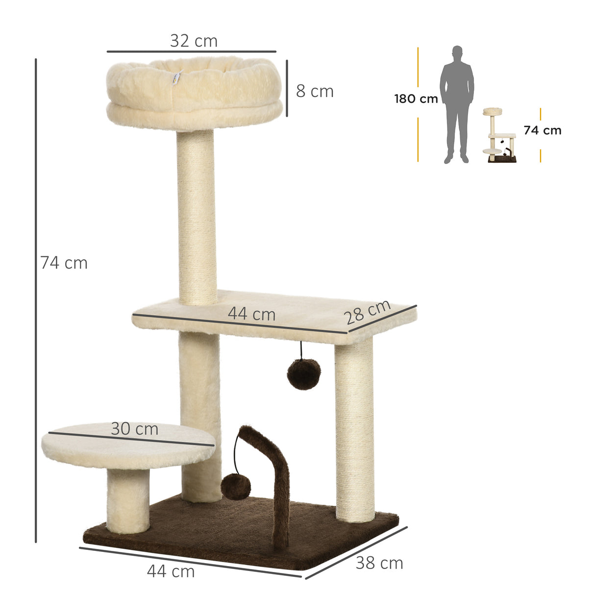 easycomfort albero tiragraffi per gatti con palo in sisal posatoio e palline da gioco in truciolato e peluche 44x38x74 cm