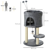 easycomfort albero tiragraffi per gatti con casetta e lettino pali in sisal e palline 44.5x44.5x73.5cm grigio
