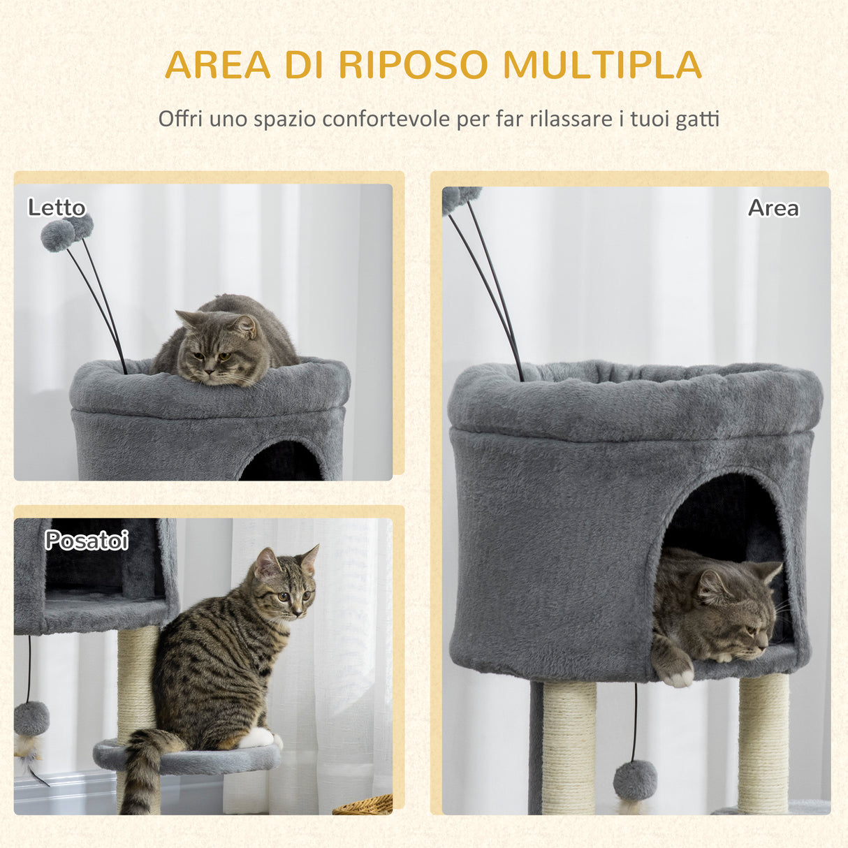 easycomfort albero tiragraffi per gatti con casetta e lettino pali in sisal e palline 44.5x44.5x73.5cm grigio
