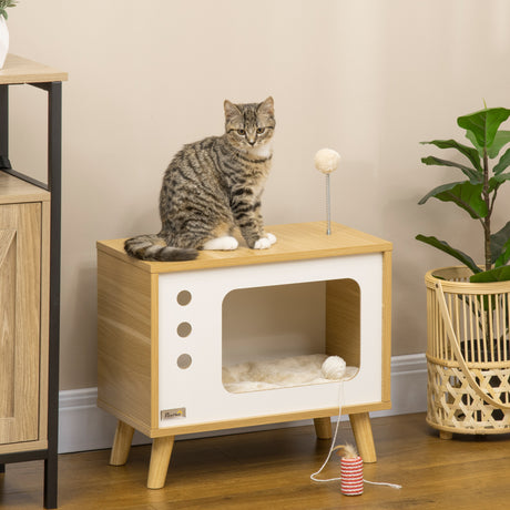 easycomfort casetta per gatti in truciolato a forma di televisore con cuscino e pallina giocattolo 50x28x43 cm