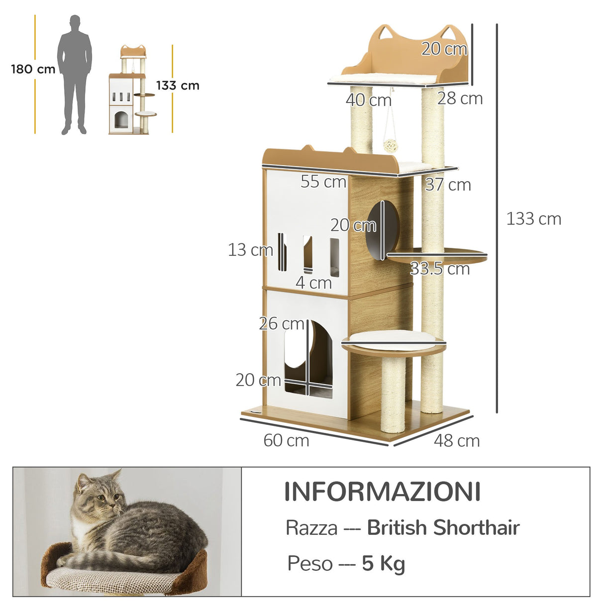 easycomfort albero per gatti in mdf con tiragraffi per gatti 2 casette per gatti posatoi e pallina da gioco 60x48x133 cm