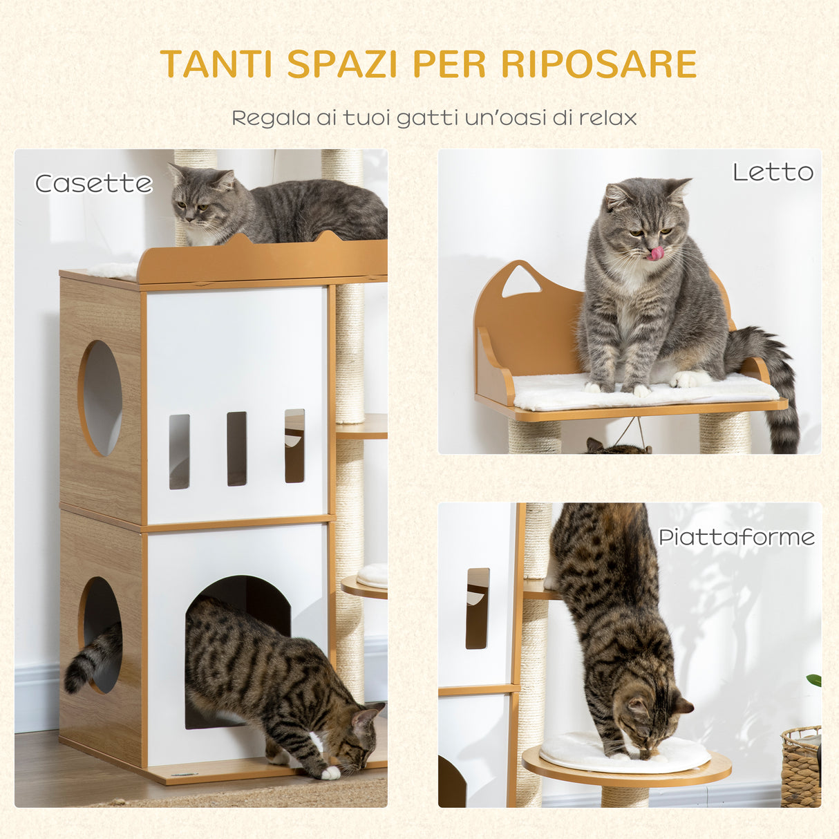 easycomfort albero per gatti in mdf con tiragraffi per gatti 2 casette per gatti posatoi e pallina da gioco 60x48x133 cm