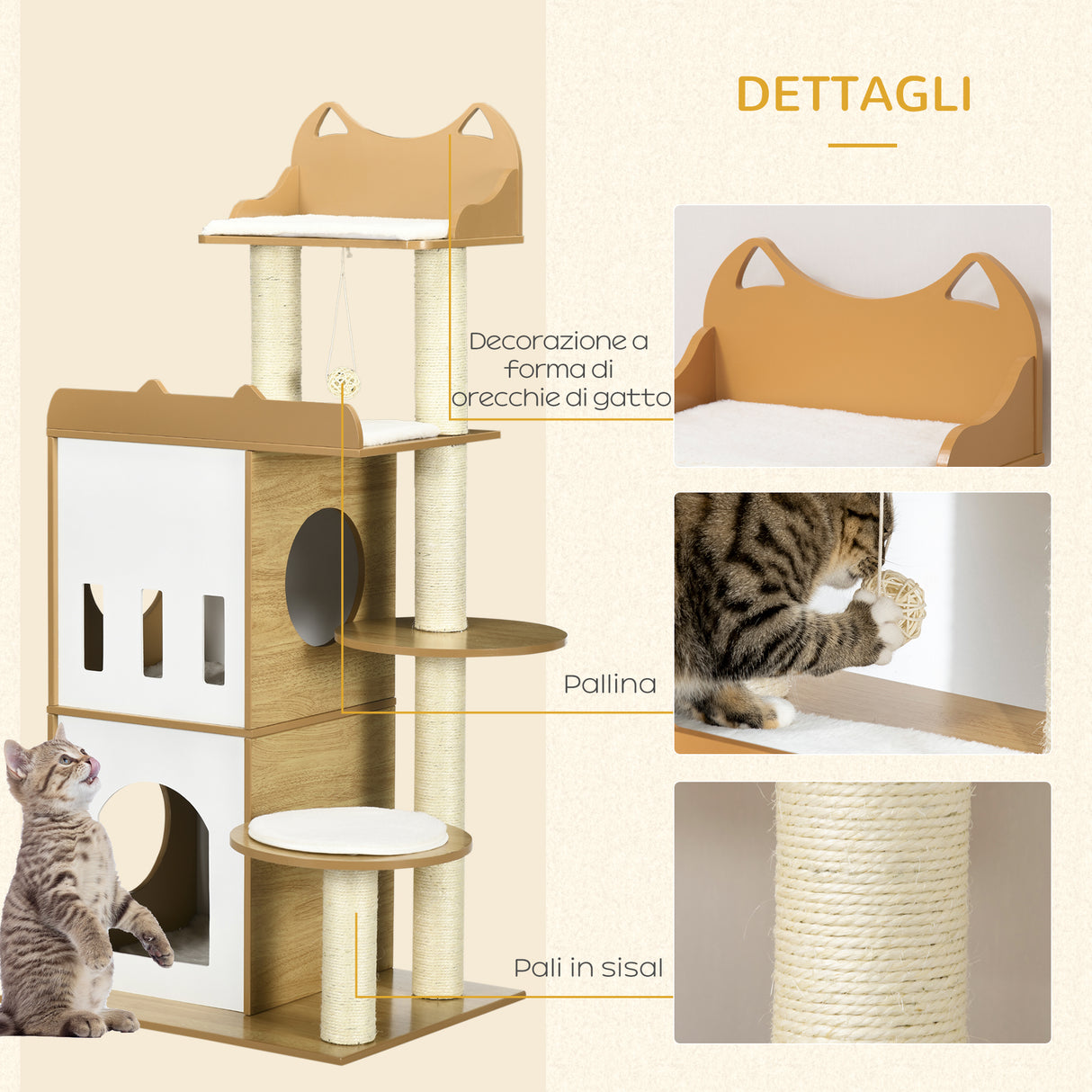 easycomfort albero per gatti in mdf con tiragraffi per gatti 2 casette per gatti posatoi e pallina da gioco 60x48x133 cm