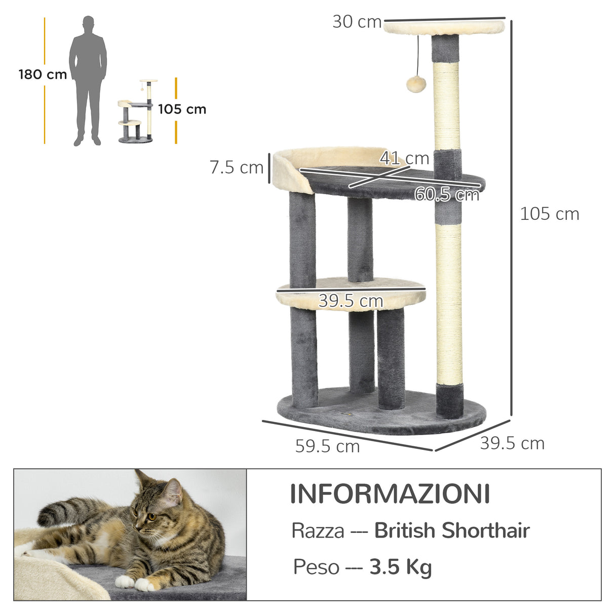 easycomfort albero tiragraffi per gatti a 3 livelli con pali in sisal e altezza 105cm grigio