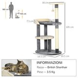 easycomfort albero tiragraffi per gatti a 3 livelli con pali in sisal e altezza 105cm grigio