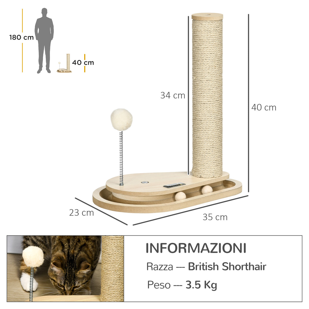 easycomfort tiragraffi per gatti 4kg max in truciolato e iuta con palline da gioco incluse 35x23x40 cm color rovere