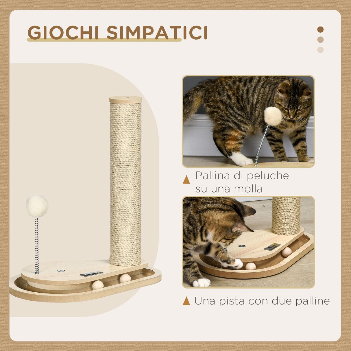 easycomfort tiragraffi per gatti 4kg max in truciolato e iuta con palline da gioco incluse 35x23x40 cm color rovere