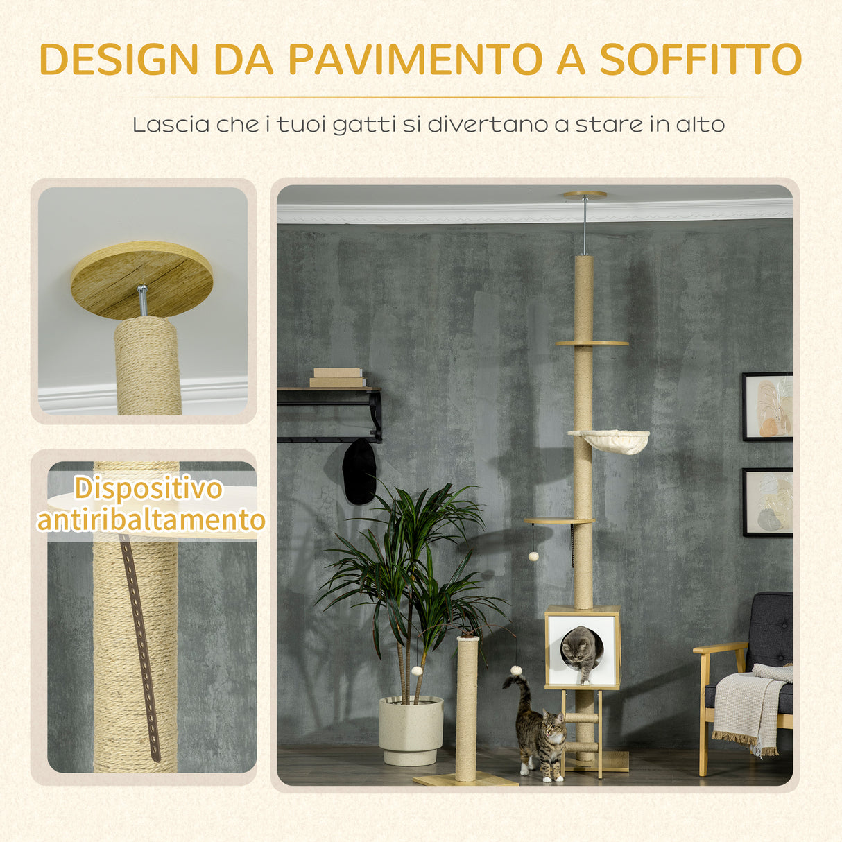 easycomfort albero per gatti in truciolato ad altezza regolabile con tiragraffi casetta amaca e pallina 40x40x225 285 cm