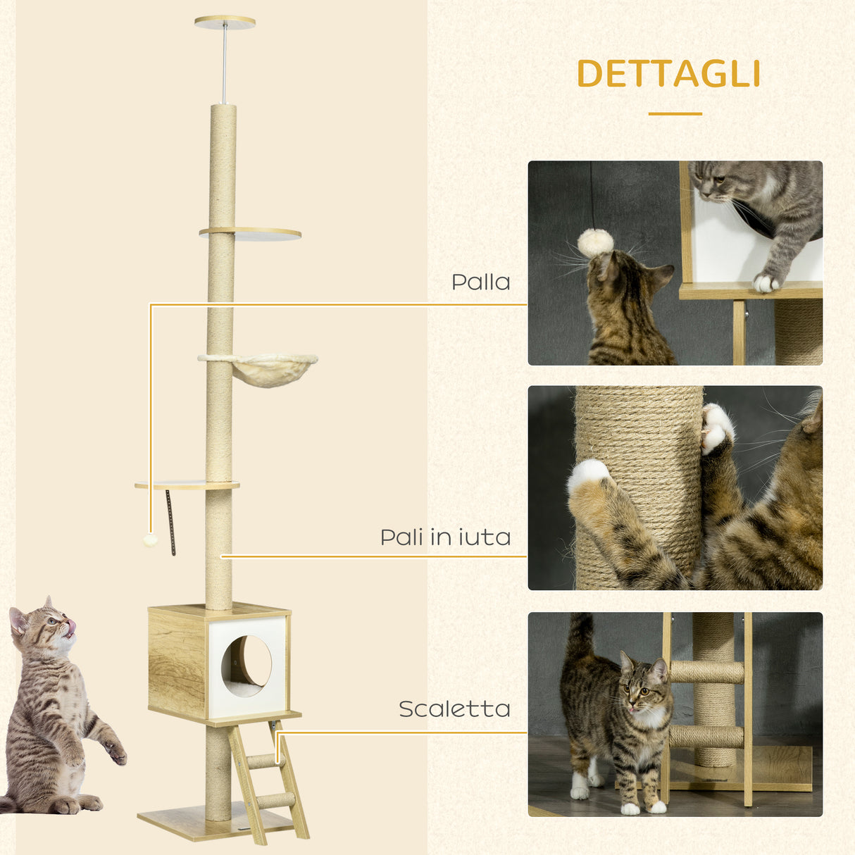 easycomfort albero per gatti in truciolato ad altezza regolabile con tiragraffi casetta amaca e pallina 40x40x225 285 cm
