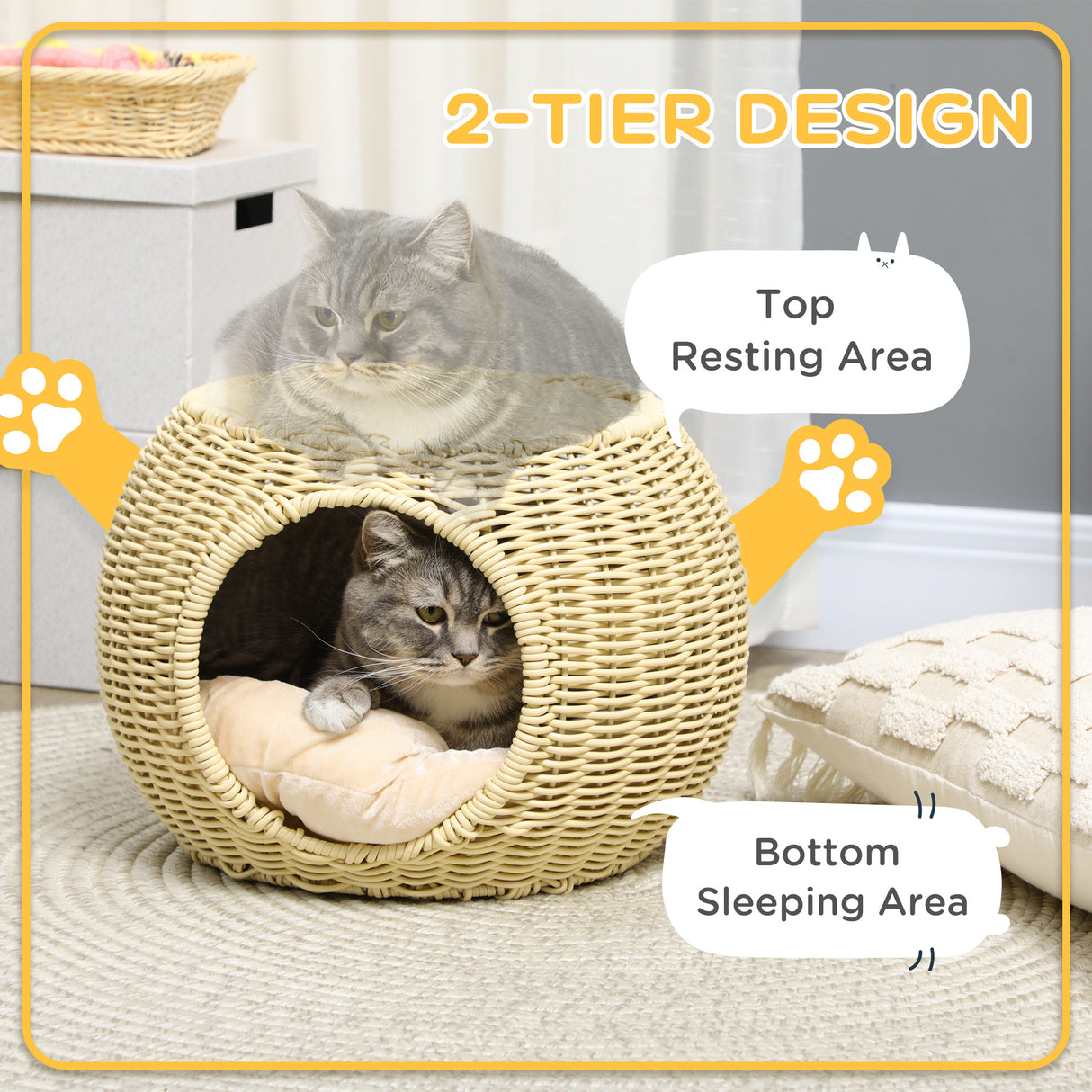 easycomfort casetta per gatti a 2 livelli in rattan pe con cuscino lavabile o40x30 cm beige