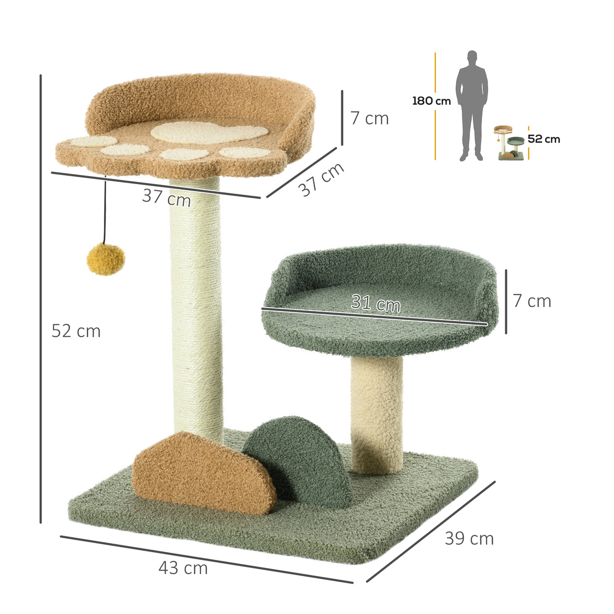 easycomfort albero tiragraffi per gatti con 2 lettini pallina e rivestimento in velluto 43x39x52cm