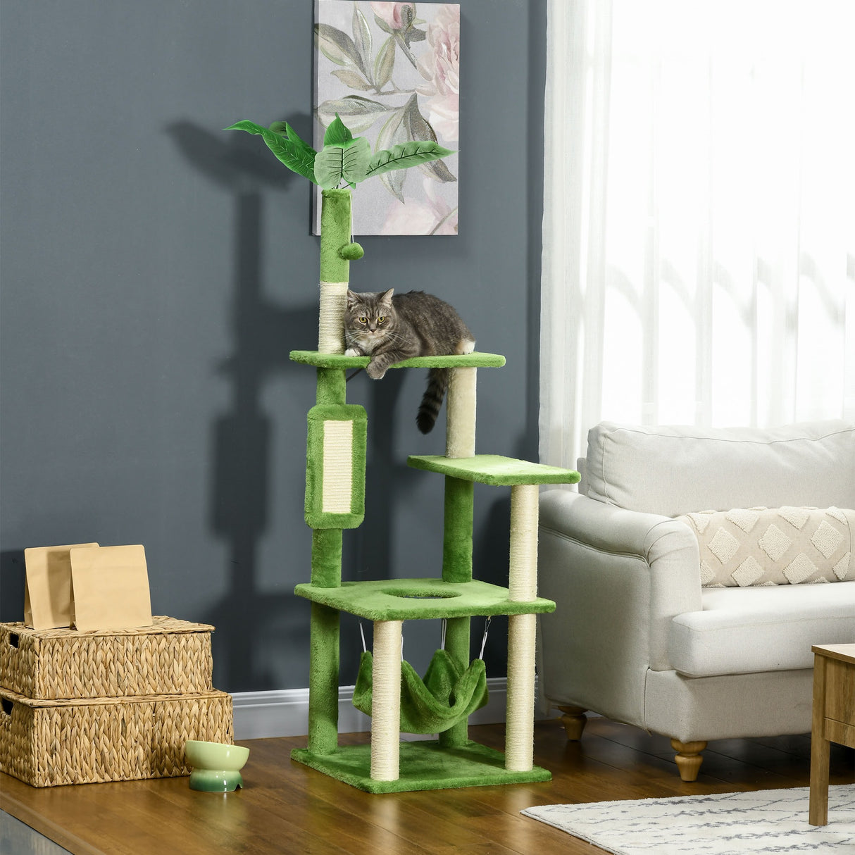 easycomfort easycomfort albero tiragraffi per gatti con amaca pallina e tiragraffi in sisal 49x49x142cm verde