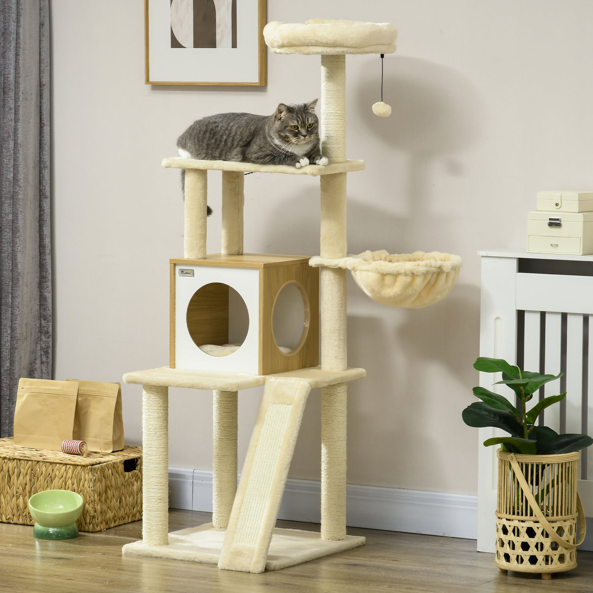 easycomfort easycomfort albero per gatti con casetta tiragraffi per gatti posatoio e paletto 48 5x48 5x141 5 cm beige
