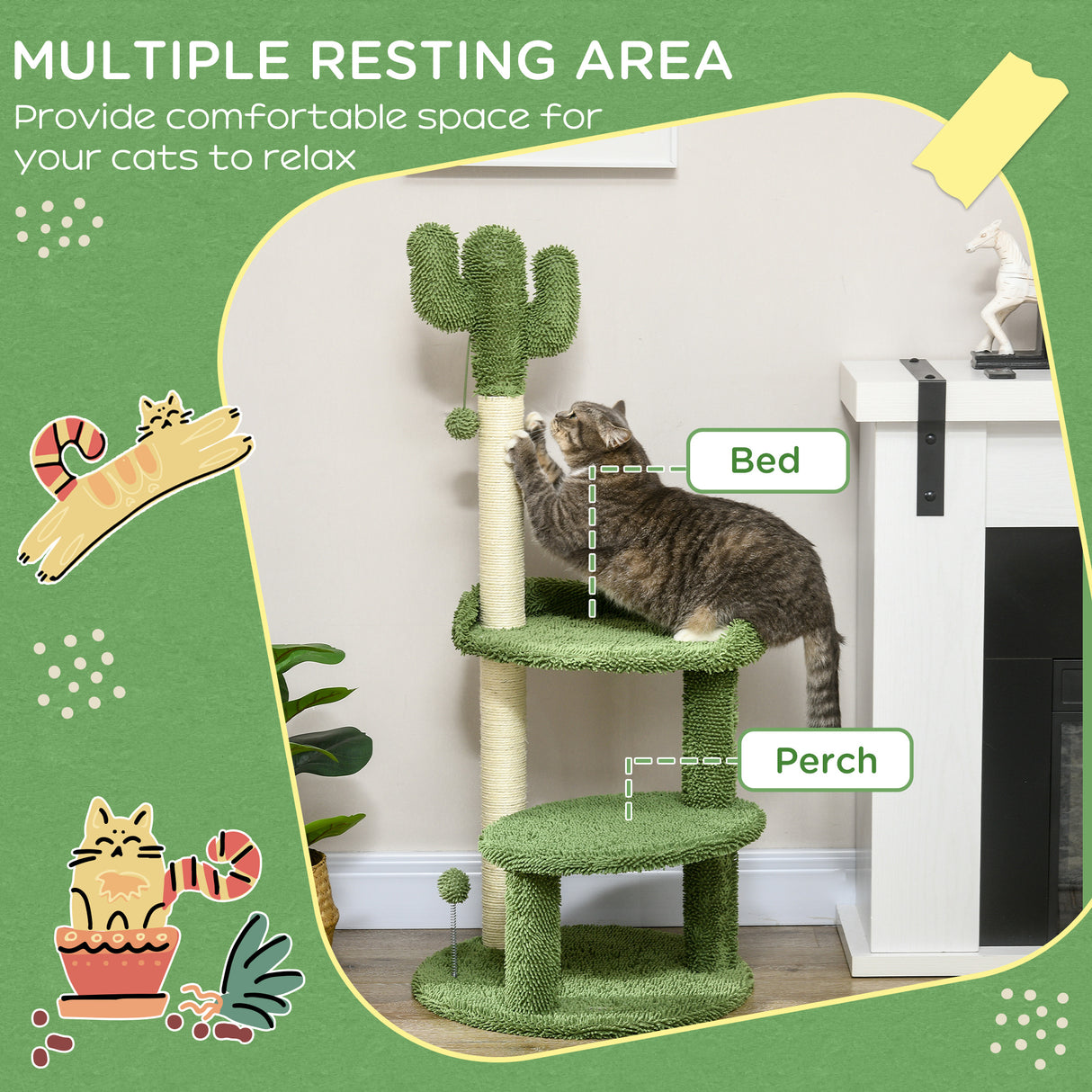 easycomfort easycomfort albero per gatti a forma di cactus con tiragraffi e 2 palline da gioco 35x31x55 5 cm verde e bianco