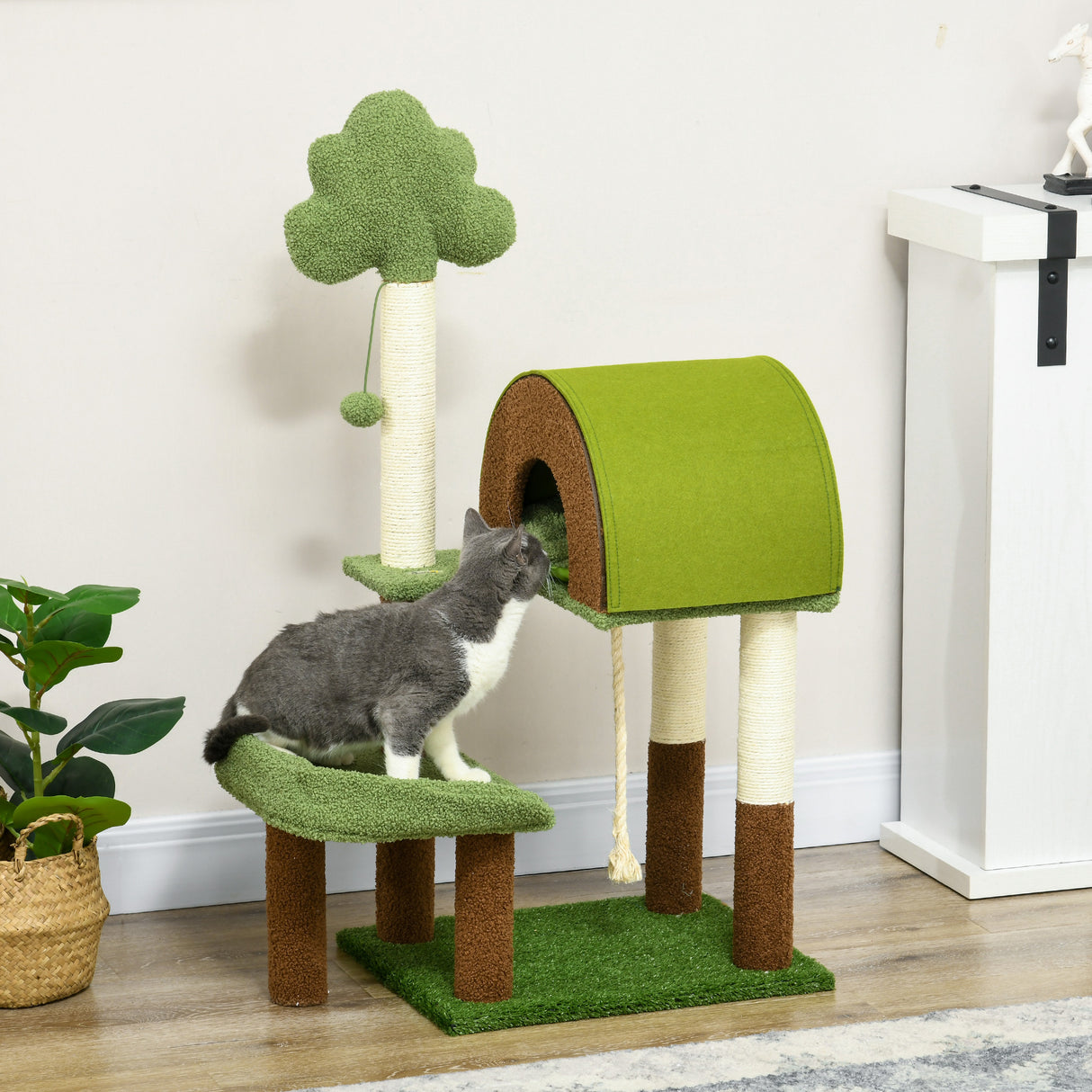 easycomfort easycomfort albero per gatti a tema foresta con casetta lettino tiragraffi e pallina 49x40x107 cm verde